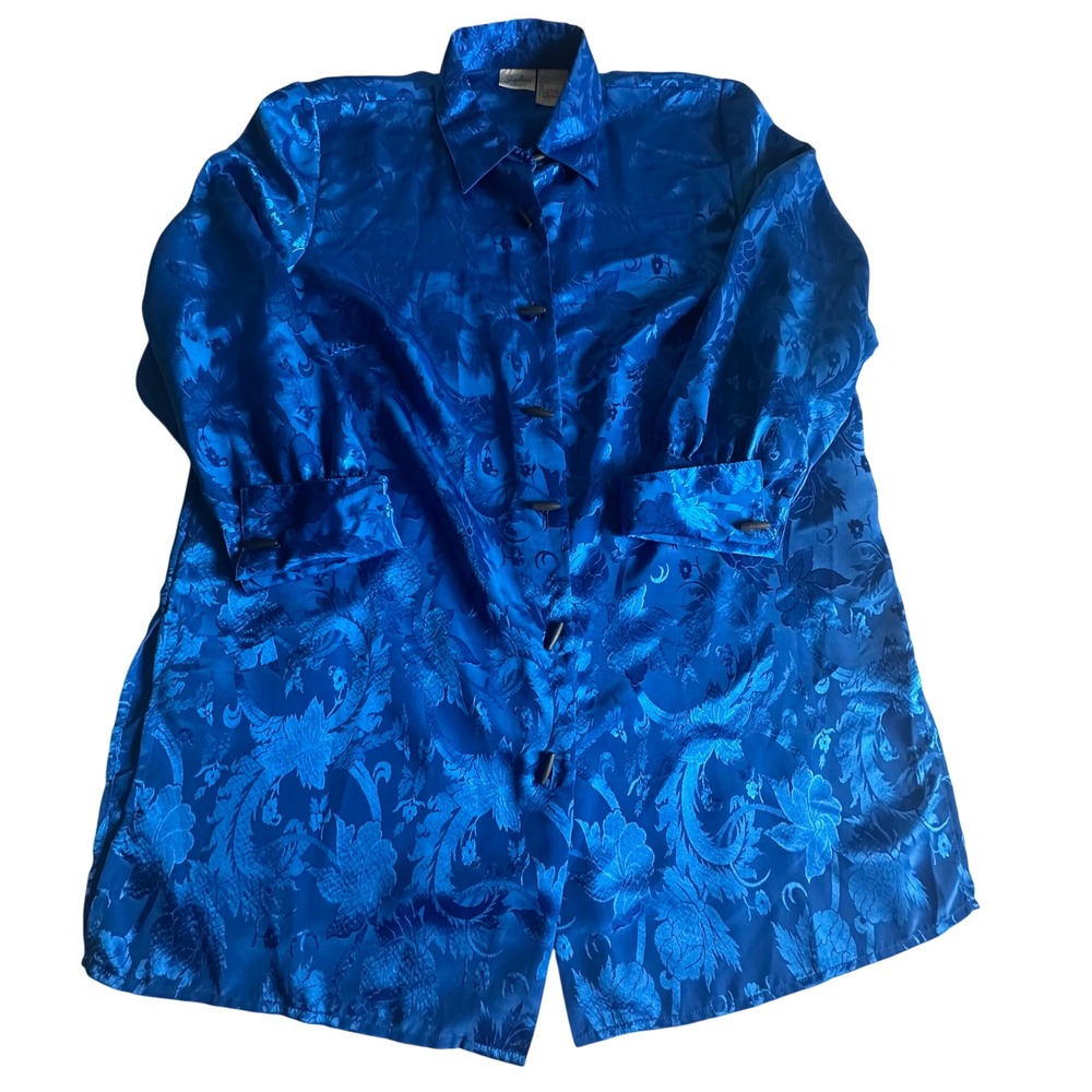 Jaclyn‎ Smith Classics Blue Satin Jacquard Floral Tunic Blouse 16W Toggle Button